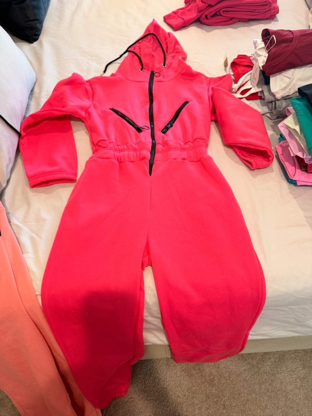 New! Bright Hot Pink and Peach Hooded Fleece Jumpsuits - Fits size Small